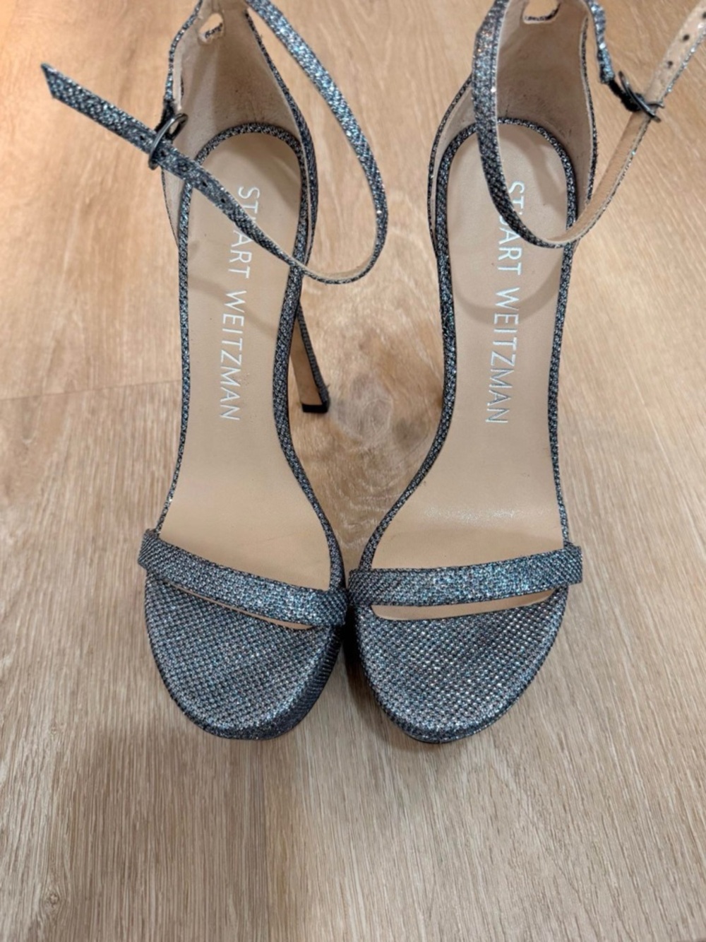 Stuart Weitzman Nudist curve Hollywood Silver Glitter Platform Ankle-Strap Heel - Picture 2 of 7